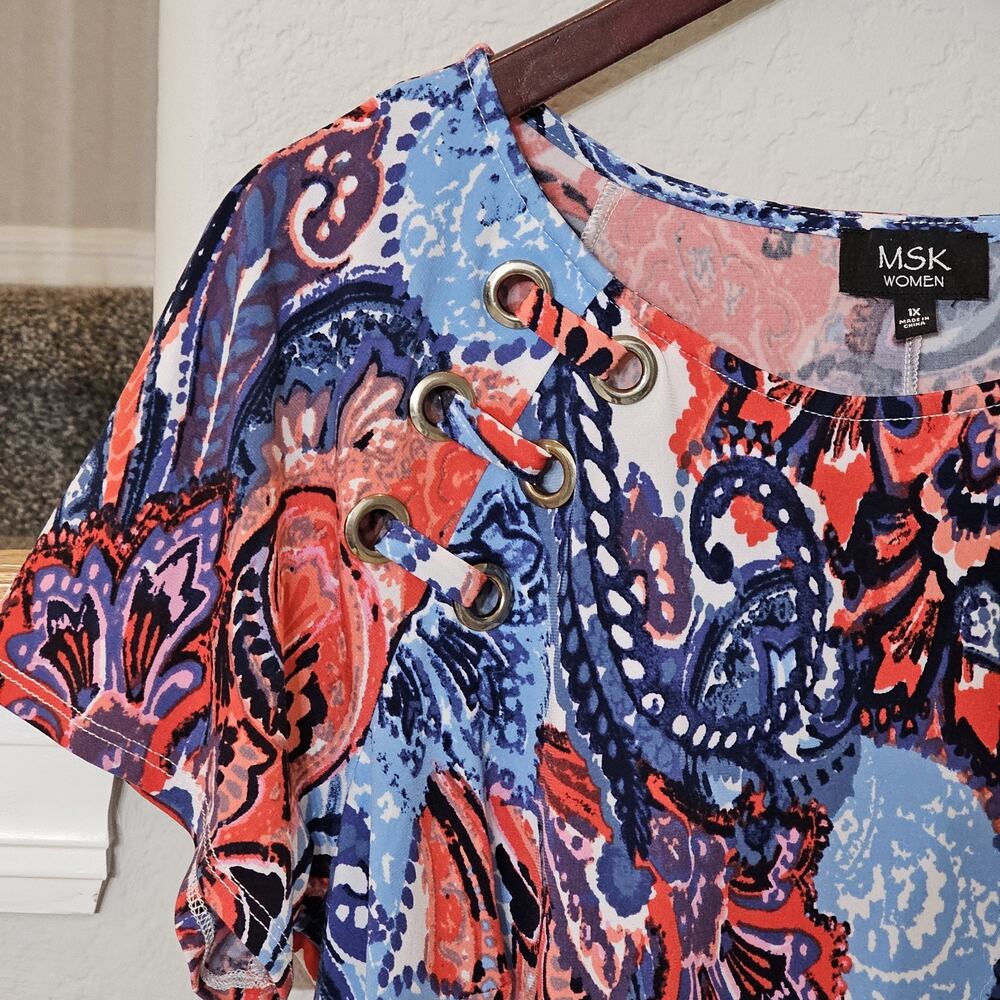MSK Womens Dress Red White Blue Paisley Floral Stretch Short Sleeve Rivet 1X - Picture 2 of 8
